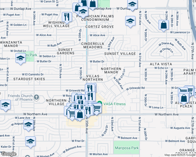 map of restaurants, bars, coffee shops, grocery stores, and more near 8215 North 34th Avenue in Phoenix