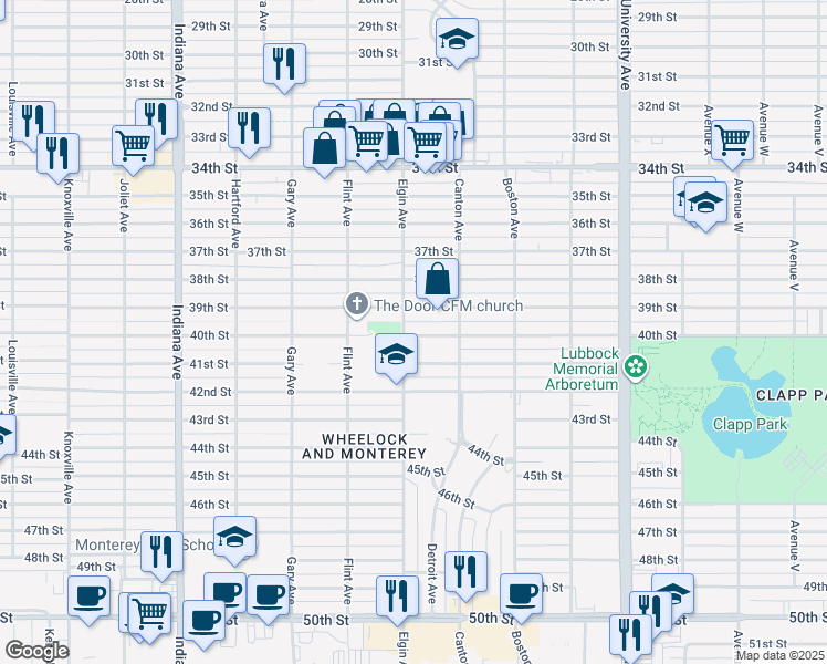 map of restaurants, bars, coffee shops, grocery stores, and more near 2816 40th Street in Lubbock