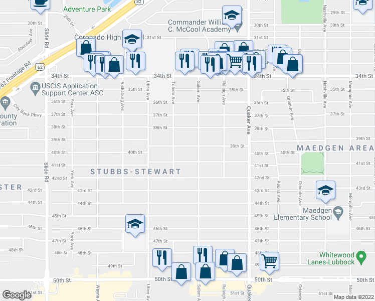 map of restaurants, bars, coffee shops, grocery stores, and more near 4605 39th Street in Lubbock