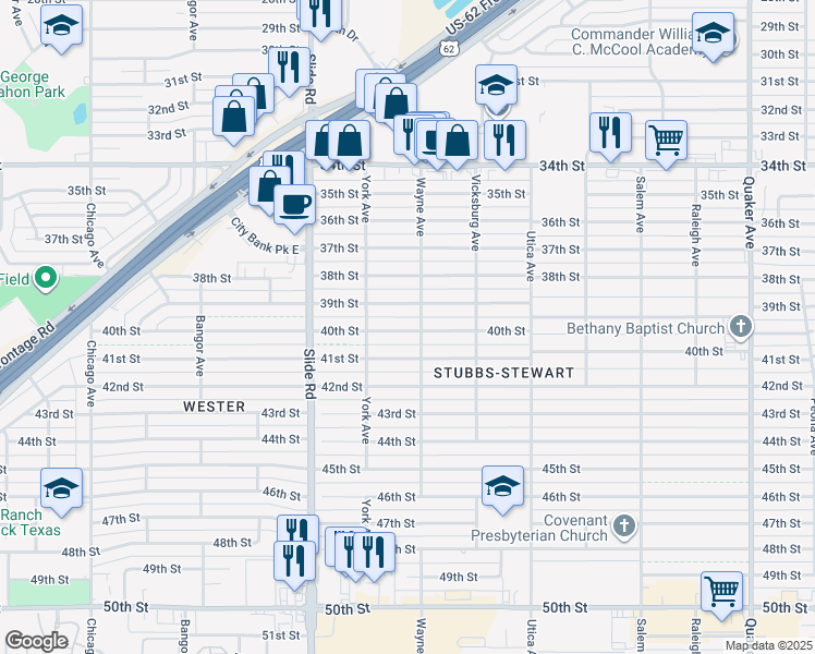 map of restaurants, bars, coffee shops, grocery stores, and more near 5010 40th Street in Lubbock