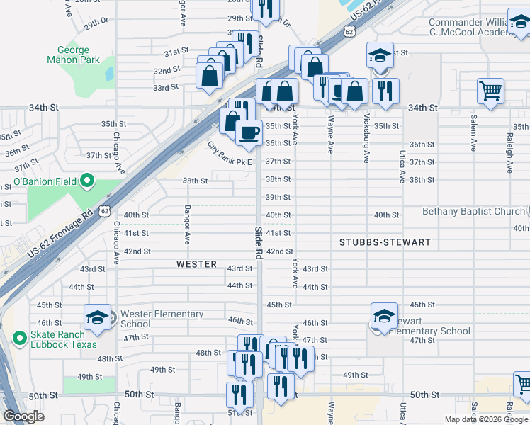 map of restaurants, bars, coffee shops, grocery stores, and more near 5122 40th Street in Lubbock