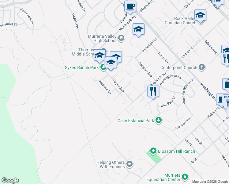 map of restaurants, bars, coffee shops, grocery stores, and more near 24150 Madeira Lane in Murrieta