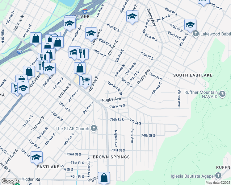 map of restaurants, bars, coffee shops, grocery stores, and more near 7715 7th Avenue South in Birmingham