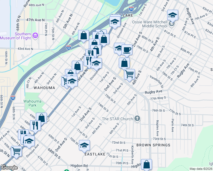 map of restaurants, bars, coffee shops, grocery stores, and more near 7528 2nd Avenue South in Birmingham