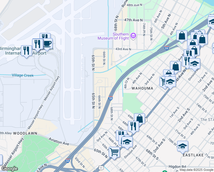 map of restaurants, bars, coffee shops, grocery stores, and more near 3701 67th Street North in Birmingham