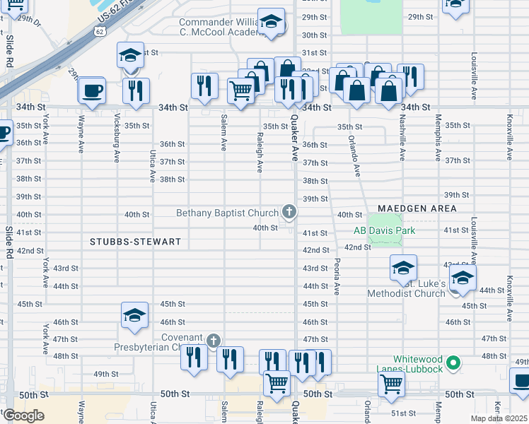 map of restaurants, bars, coffee shops, grocery stores, and more near 4421 39th Street in Lubbock