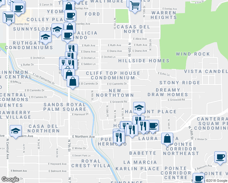 map of restaurants, bars, coffee shops, grocery stores, and more near 1041 East Las Palmaritas Drive in Phoenix