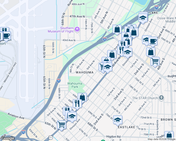 map of restaurants, bars, coffee shops, grocery stores, and more near 7209 3rd Avenue North in Birmingham