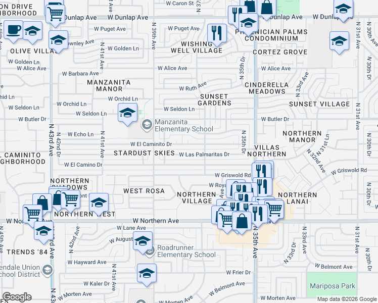 map of restaurants, bars, coffee shops, grocery stores, and more near 3732 West Las Palmaritas Drive in Phoenix