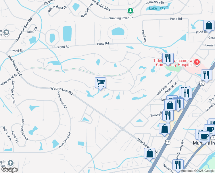 map of restaurants, bars, coffee shops, grocery stores, and more near 4500 Firethorne Drive in Murrells Inlet