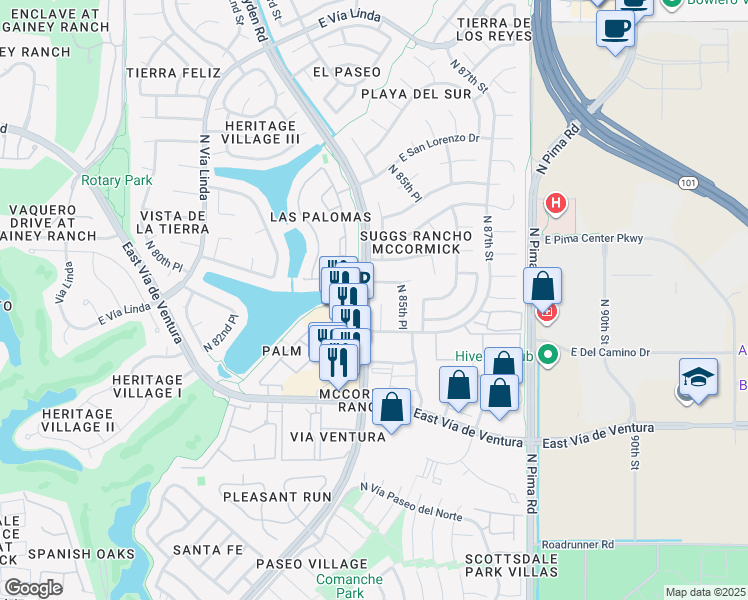 map of restaurants, bars, coffee shops, grocery stores, and more near 8332 North 85th Street in Scottsdale