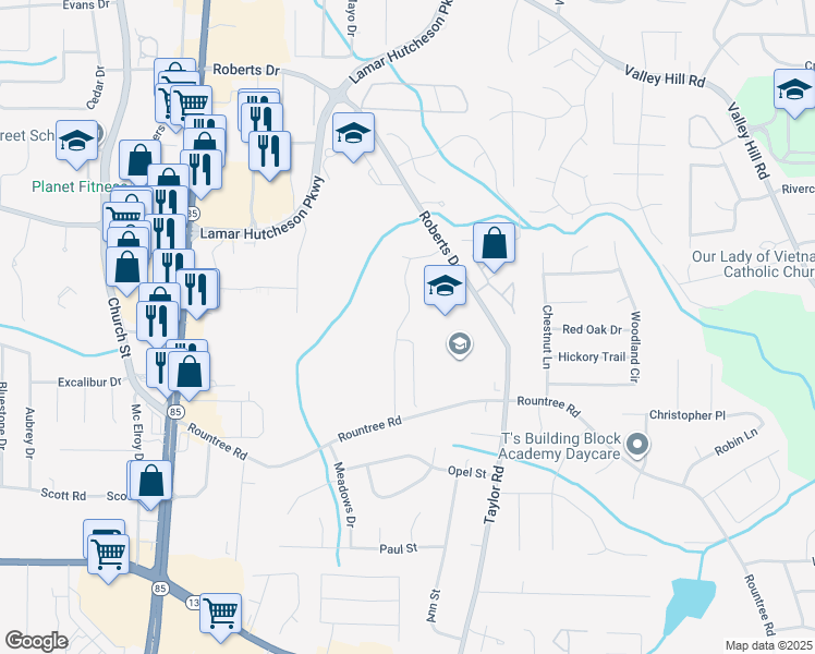 map of restaurants, bars, coffee shops, grocery stores, and more near 7210 Williamsburg Drive in Riverdale