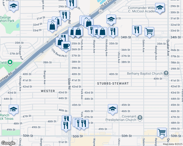 map of restaurants, bars, coffee shops, grocery stores, and more near 5010 40th Street in Lubbock