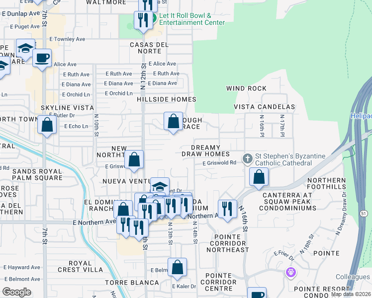 map of restaurants, bars, coffee shops, grocery stores, and more near 1333 East Las Palmaritas Drive in Phoenix