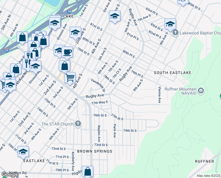 map of restaurants, bars, coffee shops, grocery stores, and more near 7780 Rugby Avenue in Birmingham