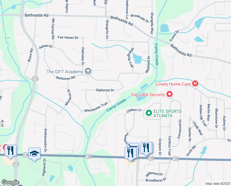 map of restaurants, bars, coffee shops, grocery stores, and more near 1382 Diplomat Dr in Riverdale