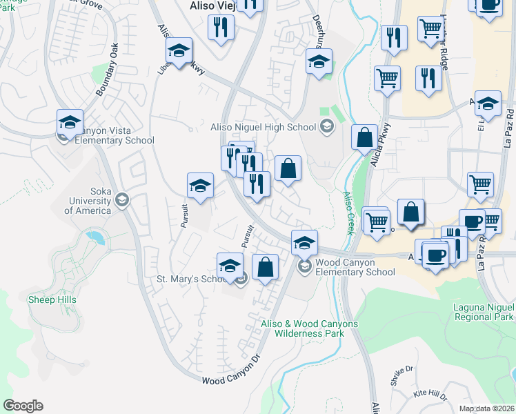 map of restaurants, bars, coffee shops, grocery stores, and more near 27882 Aliso Creek Road in Aliso Viejo