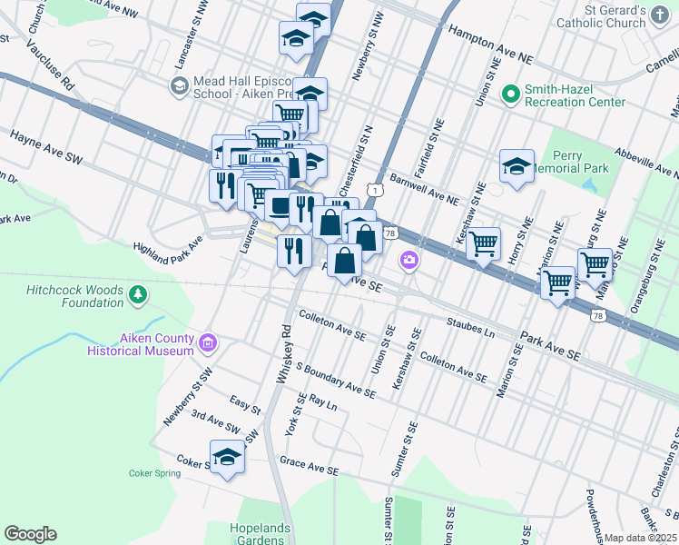 map of restaurants, bars, coffee shops, grocery stores, and more near in Aiken