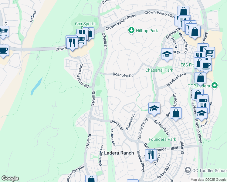 map of restaurants, bars, coffee shops, grocery stores, and more near 8 Downing Street in Mission Viejo