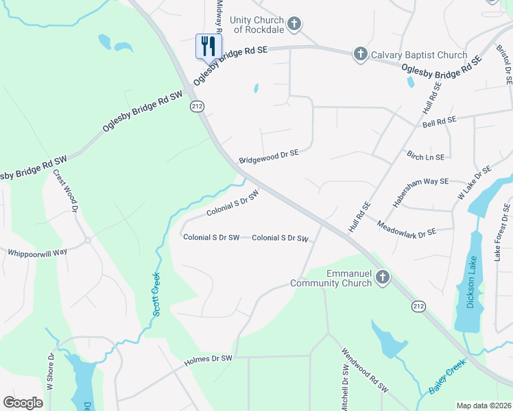 map of restaurants, bars, coffee shops, grocery stores, and more near 1820 Colonial South Drive Southwest in Conyers