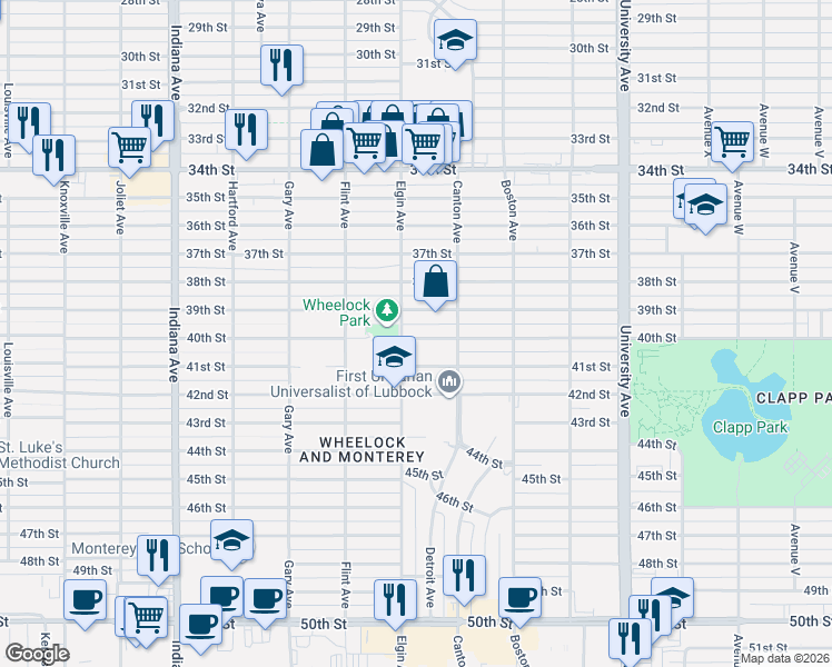 map of restaurants, bars, coffee shops, grocery stores, and more near 2816 40th Street in Lubbock