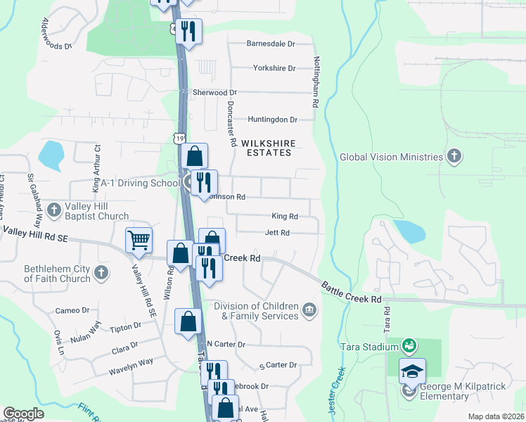 map of restaurants, bars, coffee shops, grocery stores, and more near 774 King Road in Jonesboro