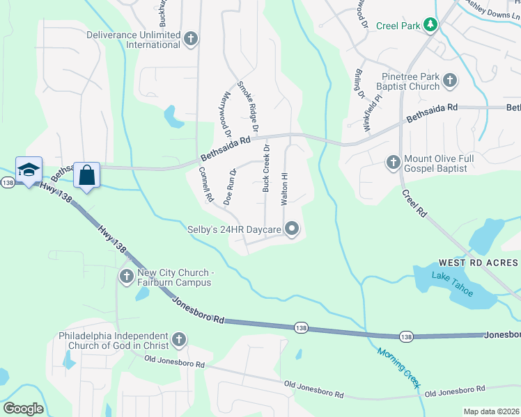 map of restaurants, bars, coffee shops, grocery stores, and more near 7275 Buck Creek Drive in Fairburn