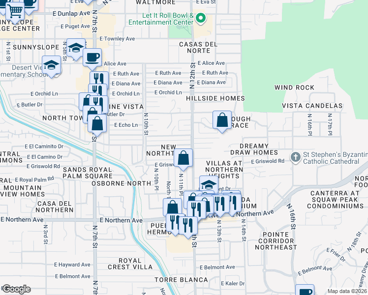 map of restaurants, bars, coffee shops, grocery stores, and more near 1133 East Las Palmaritas Drive in Phoenix