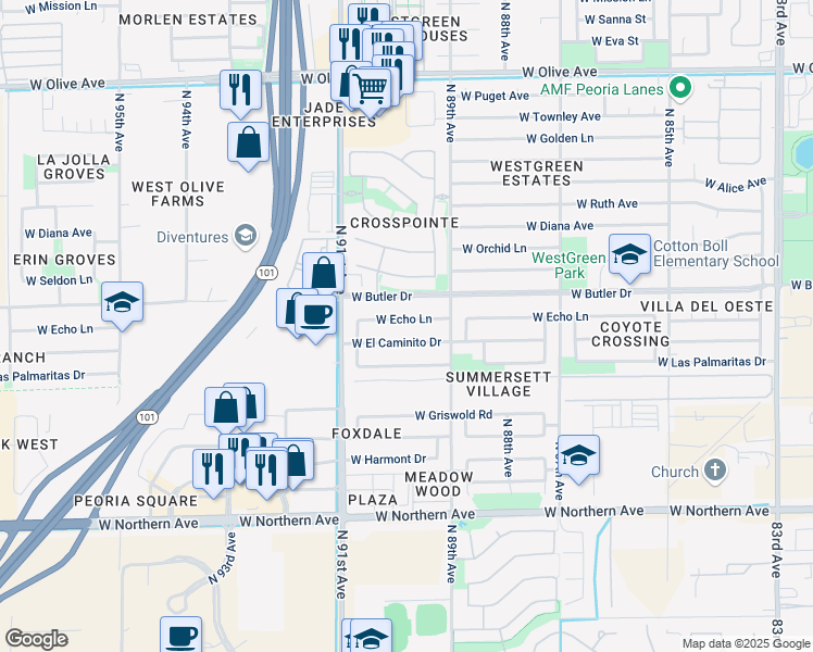map of restaurants, bars, coffee shops, grocery stores, and more near 8939 West Echo Lane in Peoria