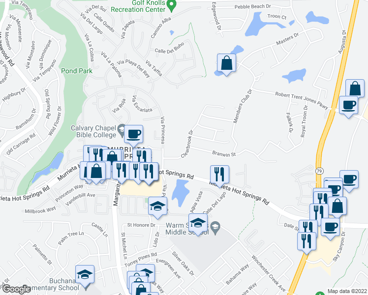 map of restaurants, bars, coffee shops, grocery stores, and more near 38753 Clearbrook Drive in Murrieta