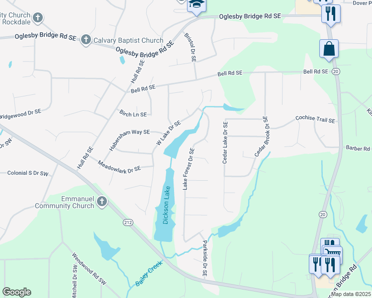 map of restaurants, bars, coffee shops, grocery stores, and more near 4915 Lake Forest Drive Southeast in Conyers