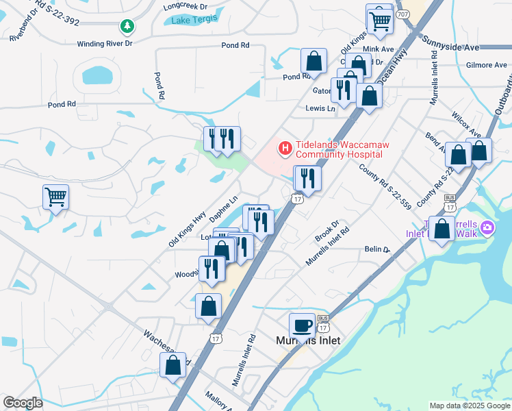 map of restaurants, bars, coffee shops, grocery stores, and more near 4269 Crepe Myrtle Court in Murrells Inlet