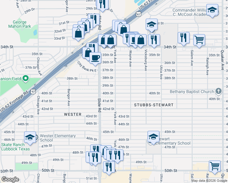 map of restaurants, bars, coffee shops, grocery stores, and more near 5102 40th Street in Lubbock