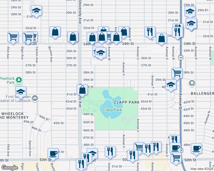 map of restaurants, bars, coffee shops, grocery stores, and more near 2304 40th Street in Lubbock