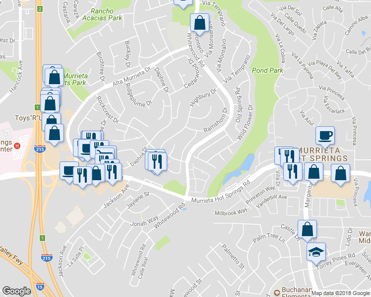 map of restaurants, bars, coffee shops, grocery stores, and more near 39804 Notting Hill Road in Murrieta
