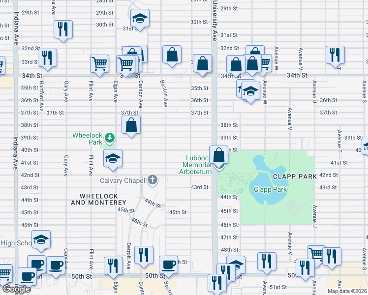 map of restaurants, bars, coffee shops, grocery stores, and more near 2606 40th Street in Lubbock