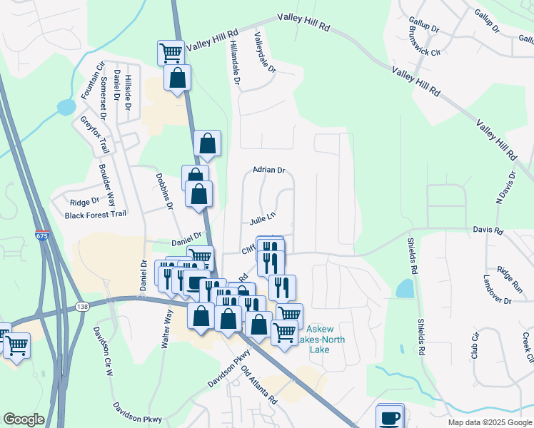 map of restaurants, bars, coffee shops, grocery stores, and more near 119 Julie Lane in Stockbridge