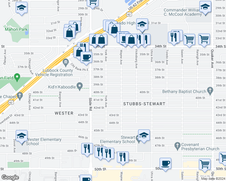 map of restaurants, bars, coffee shops, grocery stores, and more near 5014 40th Street in Lubbock