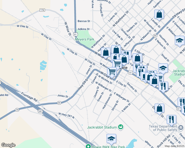 map of restaurants, bars, coffee shops, grocery stores, and more near 404 West Wichita Street in Bowie