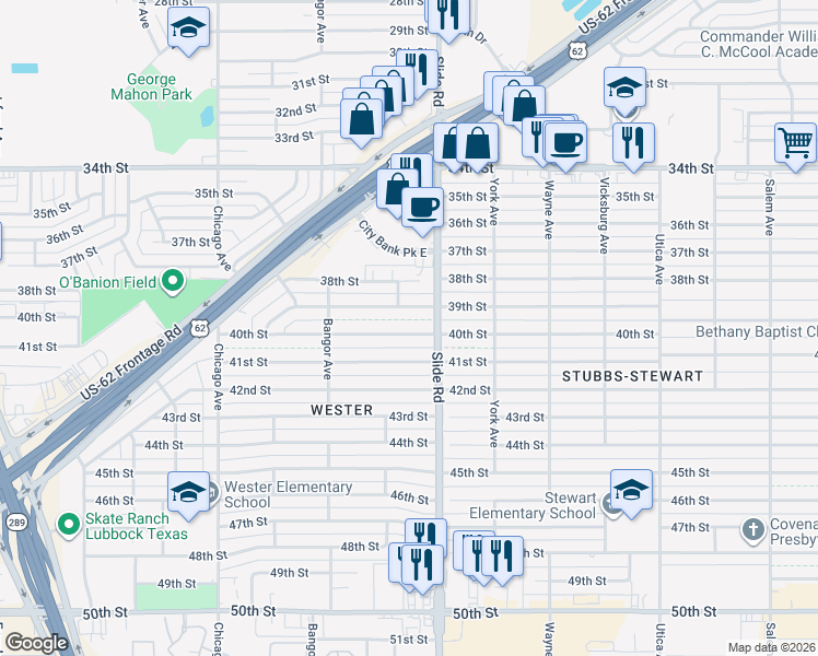 map of restaurants, bars, coffee shops, grocery stores, and more near 5210 40th Street in Lubbock