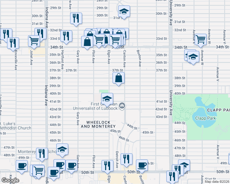 map of restaurants, bars, coffee shops, grocery stores, and more near 2816 40th Street in Lubbock