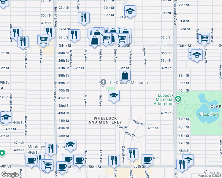 map of restaurants, bars, coffee shops, grocery stores, and more near 3000 40th Street in Lubbock