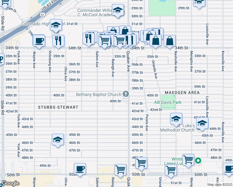 map of restaurants, bars, coffee shops, grocery stores, and more near 4421 39th Street in Lubbock