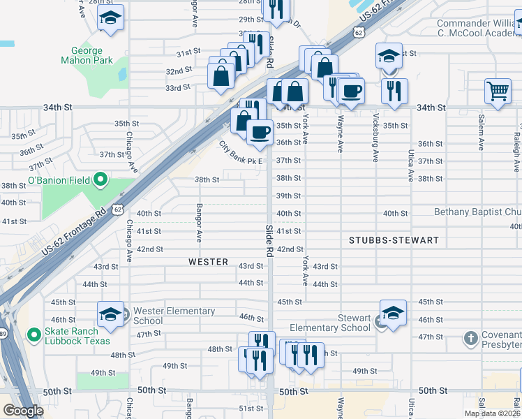 map of restaurants, bars, coffee shops, grocery stores, and more near 5210 40th Street in Lubbock