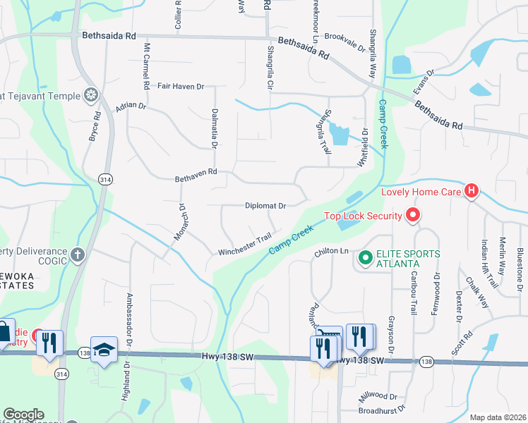 map of restaurants, bars, coffee shops, grocery stores, and more near 1430 Diplomat Drive in Riverdale