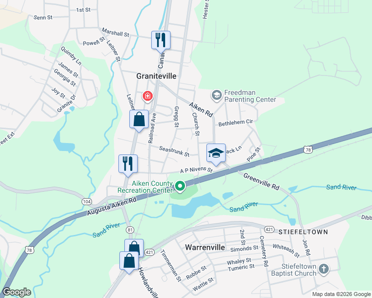 map of restaurants, bars, coffee shops, grocery stores, and more near 101 Brooks Street in Graniteville