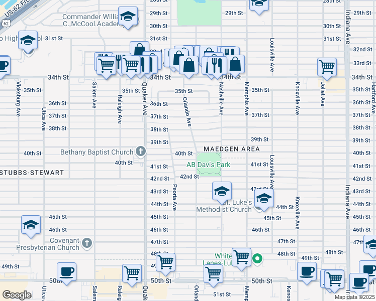 map of restaurants, bars, coffee shops, grocery stores, and more near 4204 40th Street in Lubbock