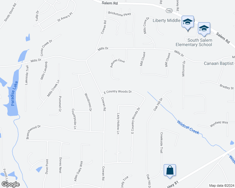 map of restaurants, bars, coffee shops, grocery stores, and more near 515 East Country Woods Drive in Covington