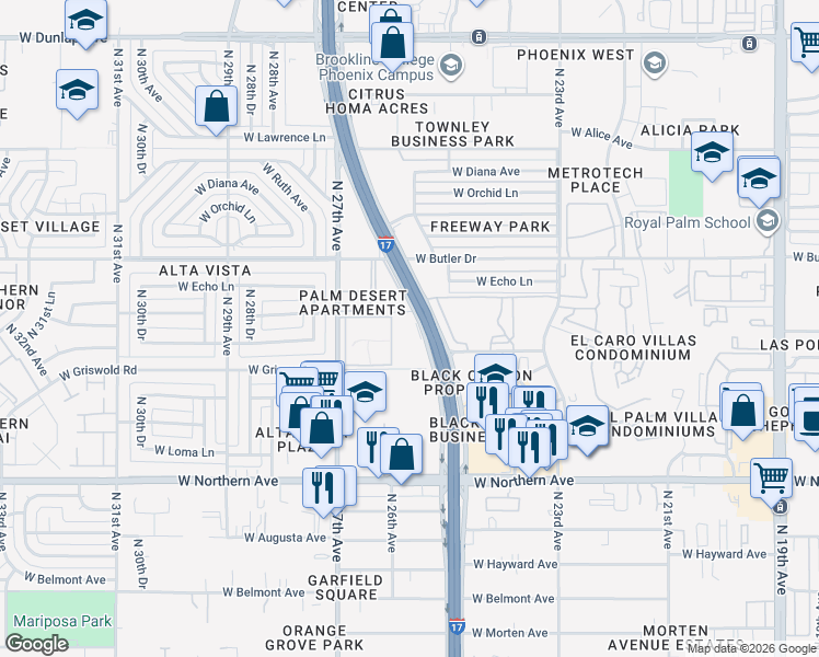 map of restaurants, bars, coffee shops, grocery stores, and more near 4 North Black Canyon Highway in Phoenix