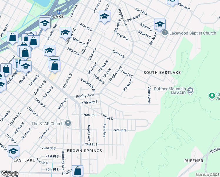 map of restaurants, bars, coffee shops, grocery stores, and more near 753 78th Street South in Birmingham